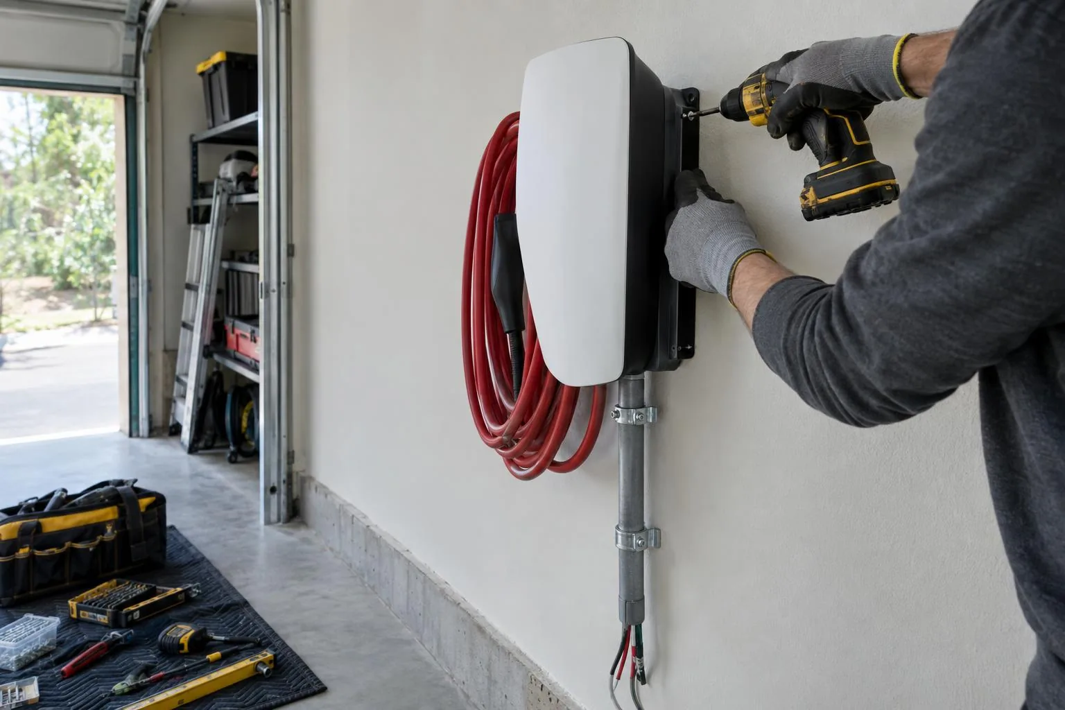 Electrician in gloves mounting a Tesla Wall Connector on a garage wall, with the conduit running down to the floor